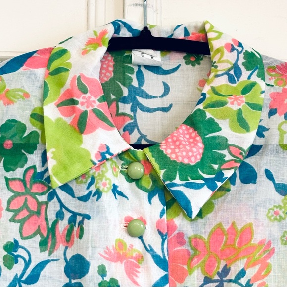 Vintage 70s Retro Floral Button Down Crop Top Blouse Green Pink White - Picture 2 of 6